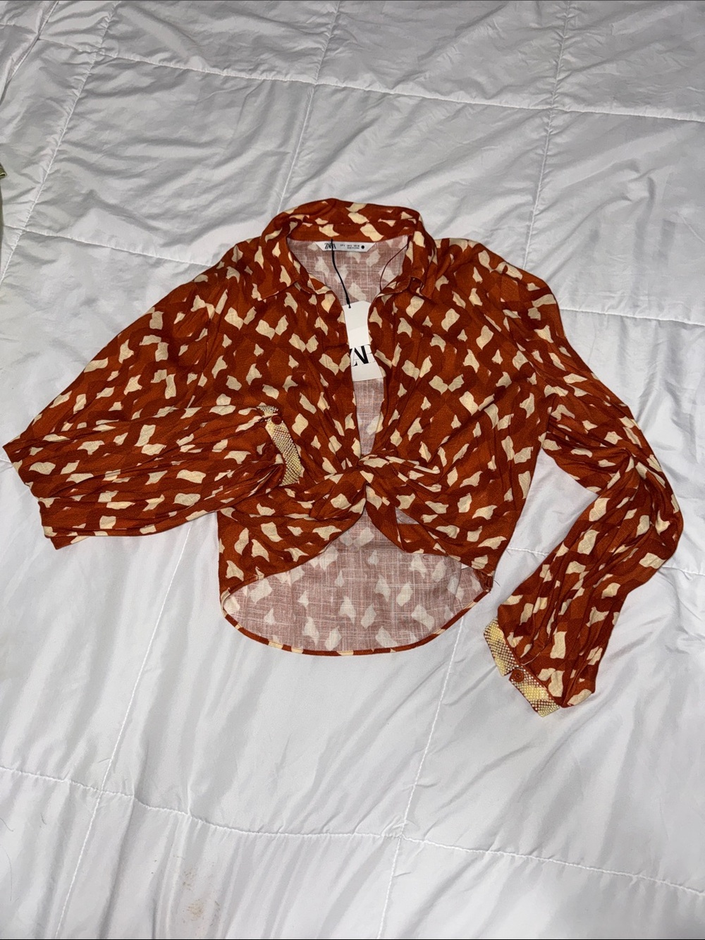 Zara Rust and Cream Tie-Front Printed Blouse